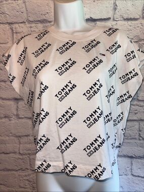 Tommy Hilfiger White Tee Crop Top with Black All-Over Logo